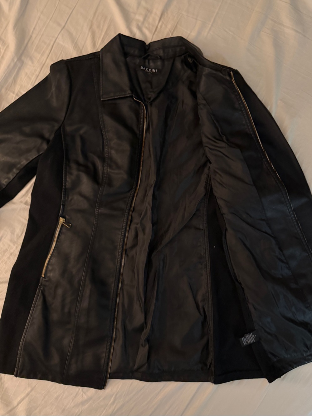 Baccini Black Womens Faux Leather & Knit Coat with Gold Zip Details